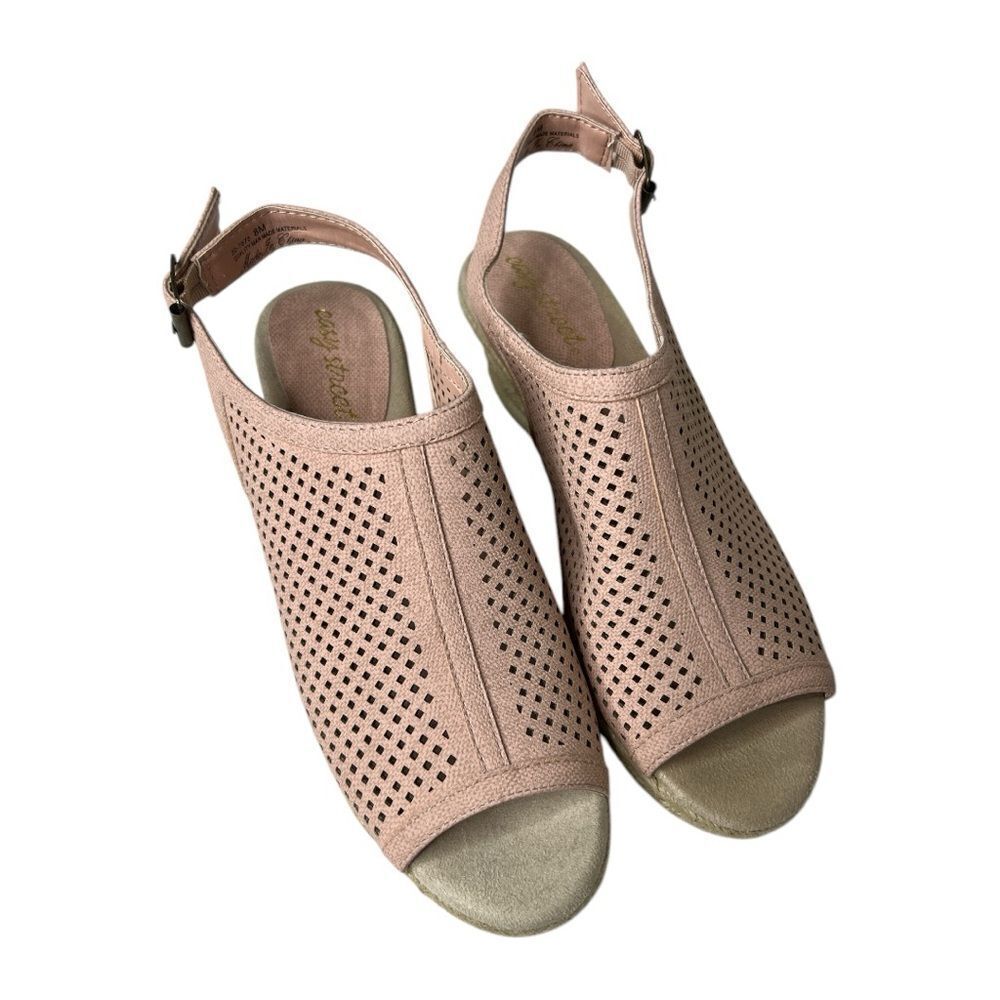 Easy Street Comfortable Pink Peep-Toe Laser Cut Sandals Wedge Espadrille Sz 8